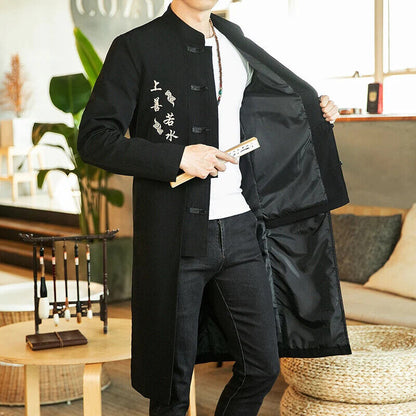 Coat Men Cardigan Coat Male Long Chinese Style Black Loose Linen Jacket