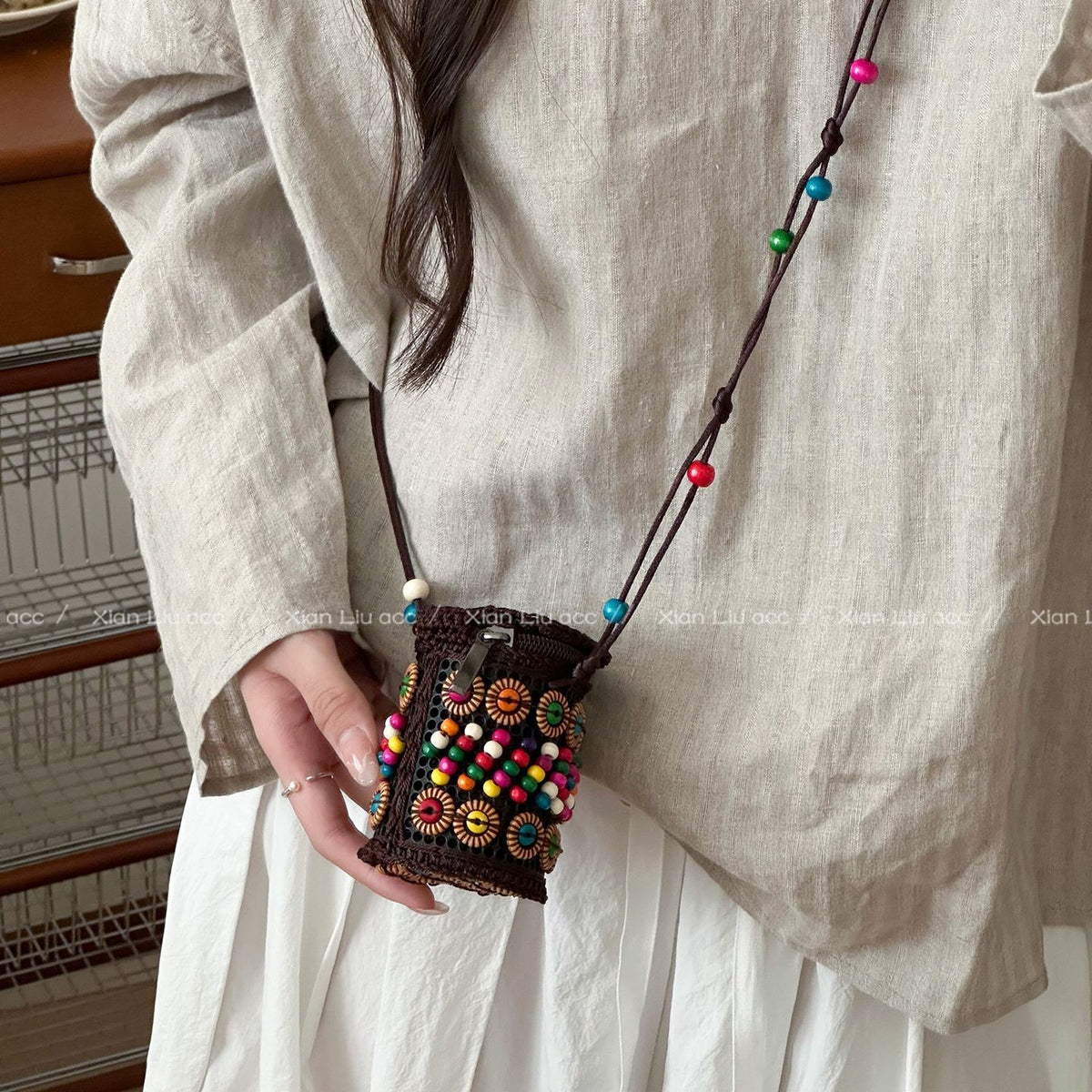 Bohemian Colorful Floral Woven Coconut Shell Mini Crossbody Bag