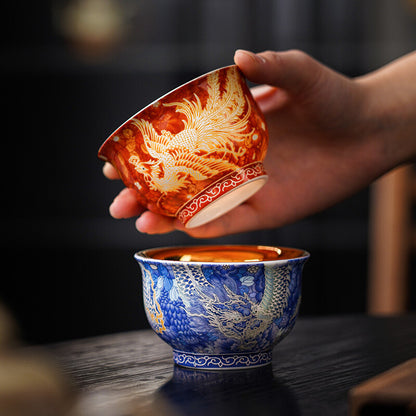 Ceramic Gilding Tea Cup Dragon Phoenix Print Master Cup 135ml Chinese Tea Cups