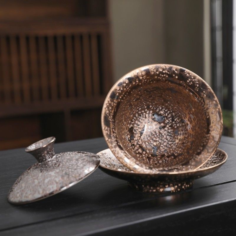 Master Zhou Kai Shui Crystal Glaze Gaiwan 200ml Luxury Three-Piece Tea Bowl