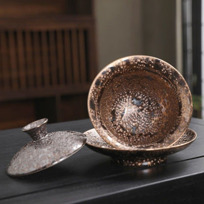 Master Zhou Kai Shui Crystal Glaze Gaiwan 200ml Luxury Three-Piece Tea Bowl