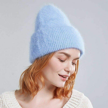 Winter Rabbit Fur Knitted Hat Solid Warm Wool Thick Beanie Bonnet White Red Gray