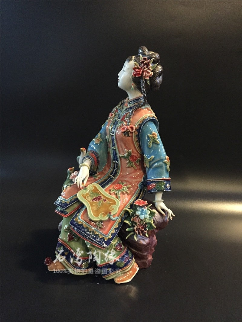 10" Wucai Porcelain Pottery Classic Beauty Women Lady Belle Happy Flower Statue