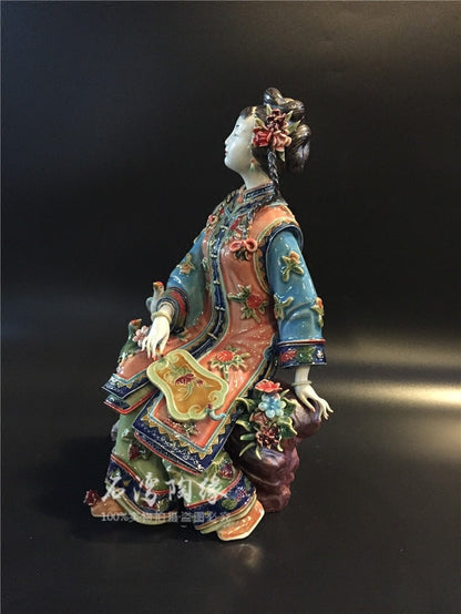 10" Wucai Porcelain Pottery Classic Beauty Women Lady Belle Happy Flower Statue