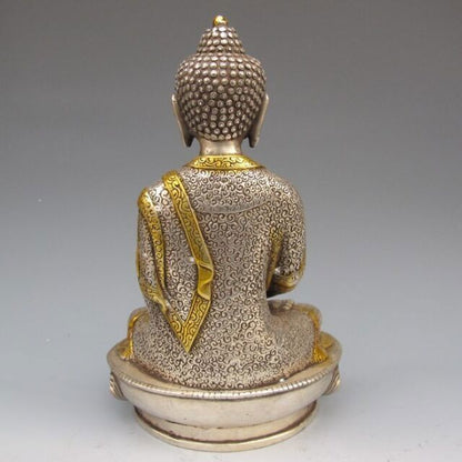 China Old Sakyamuni Buddha Silver Gilt Handwork Tibetan Buddhism Statue Supplies