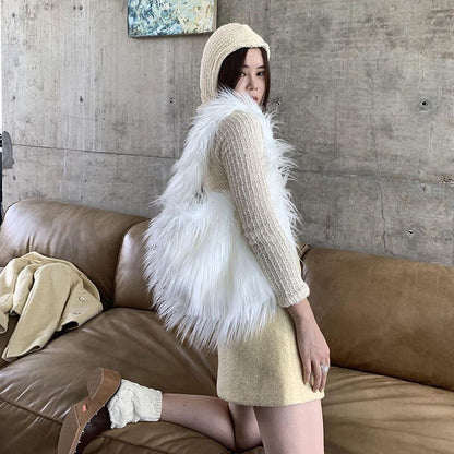 Faux Fur Bag Plush Shoulder Bags Handbag Purse Traveling Single Handle White 1PC