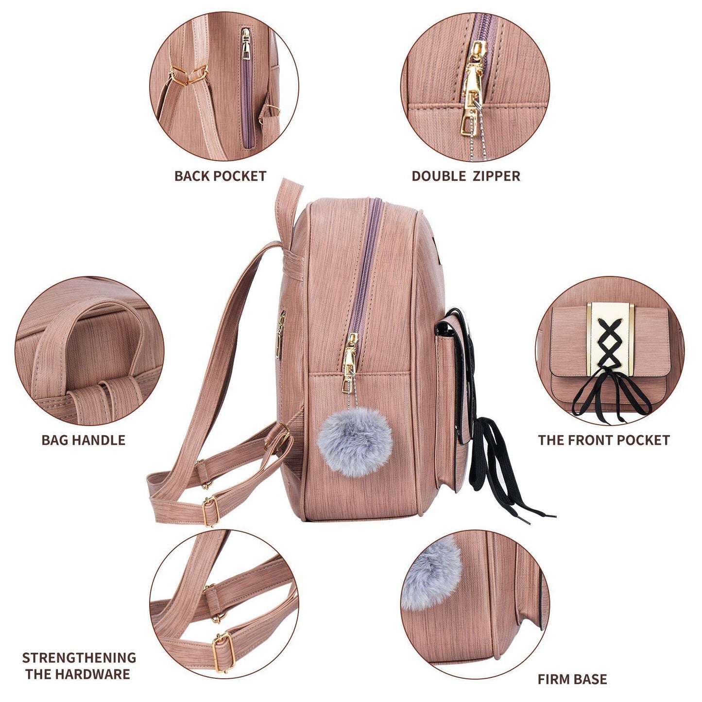 3Pcs/Set Synthetic Leather Women Backpack Purse Composite Bag Travelling Purse