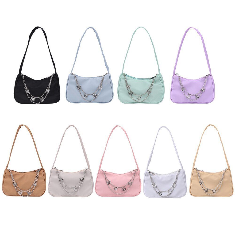 Women Small Shoulder Underarm Bag Leather Nylon Vintage Chain Zipper Handbags
