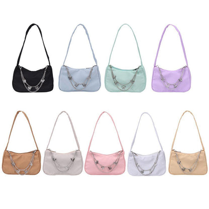 Women Small Shoulder Underarm Bag Leather Nylon Vintage Chain Zipper Handbags