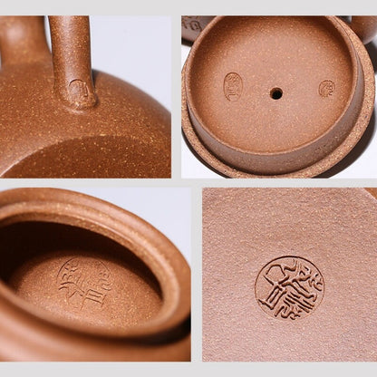 Chinese Character Carved Handmade Tea Pot Ball Shaped Infuser Hole Duan Clay Pot