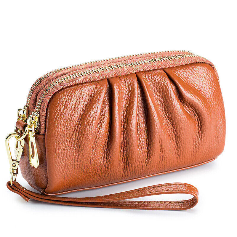Women Hand Collar Leather Bag Zipper Large Capacity Cowhide Phone Clutch Wallet