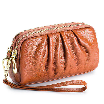 Women Hand Collar Leather Bag Zipper Large Capacity Cowhide Phone Clutch Wallet