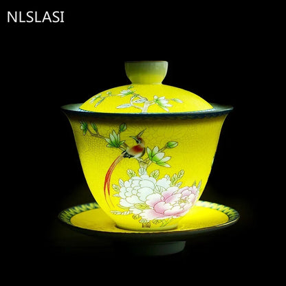 1PC Jingdezhen Gaiwan Enamel Color Tea Bowl Hand painted flower bird Teaset