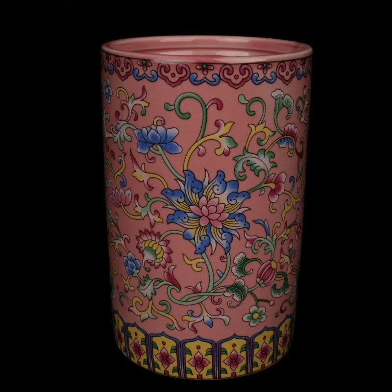 4.8" Chinese Famille Porcelain Colour Enamels Lotus Flower Brush Pot Pen Holder