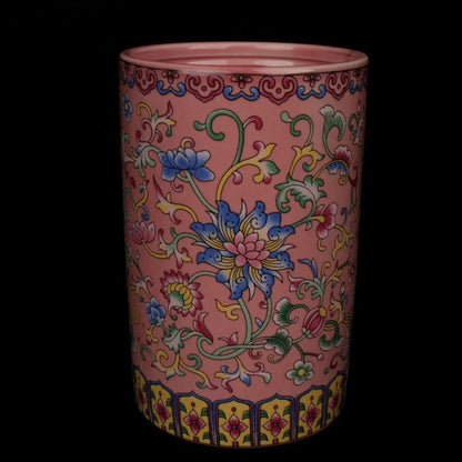 4.8" Chinese Famille Porcelain Colour Enamels Lotus Flower Brush Pot Pen Holder