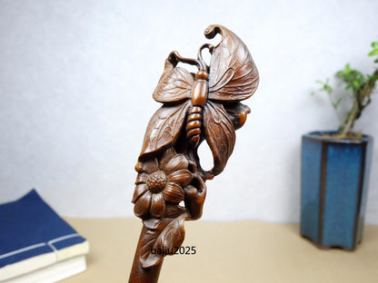 Chinese Antique Boxwood Wooden Carved Butterfly Statue Hairpin Hair Accessories
