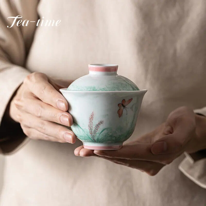 150ml Pure Hand-painted Reed Ceramic Gaiwan Tea Bowl Saucer Lid Kit Tea Tureen
