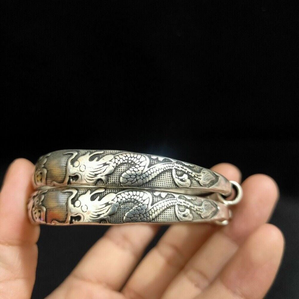 A Pair Old Chinese Tibet Silver Handcarved Dragon Phoenix Bracelets 9034