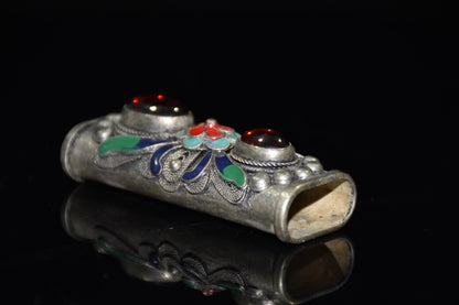 Ornament Vintage White Copper Cloisonne Inlaid Ruby Lighter Case