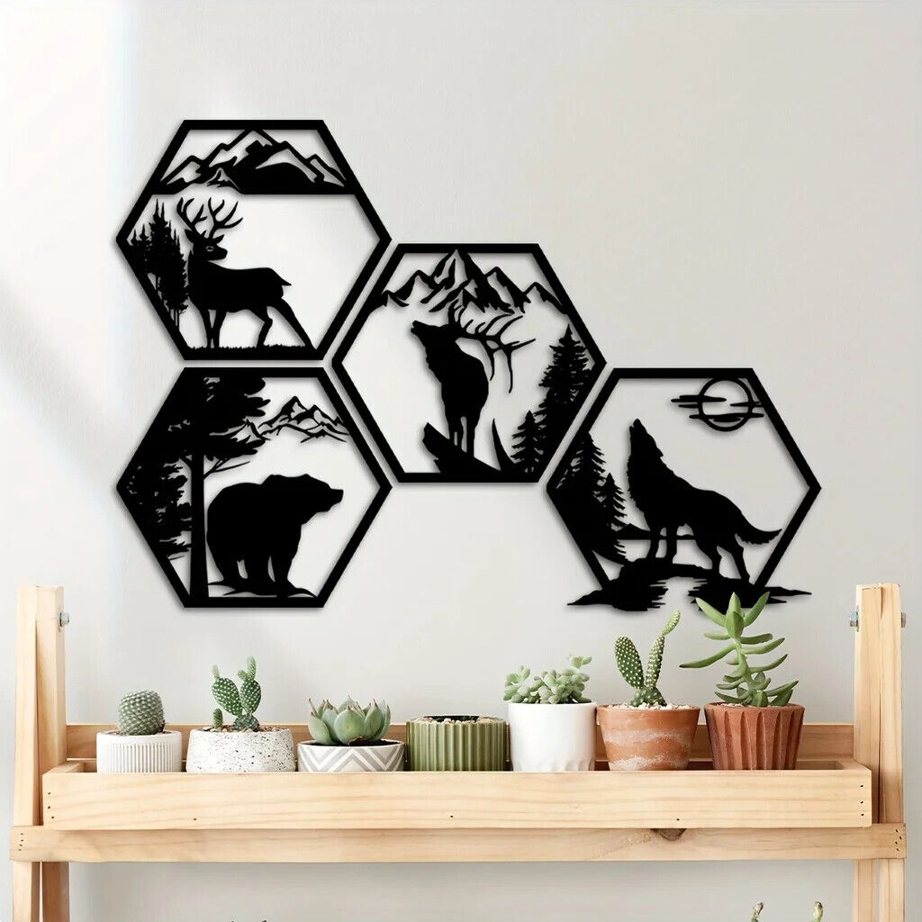 4pcs Decorative Frames Elk Deer Wolf Bear Hexagonal Metal Wall Sculpture Leaked