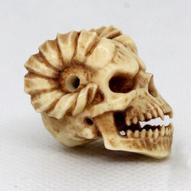 Goat Horn Skull Head Carved in Deer Antler Hand Carving Statue Netsuke Bead