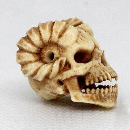 Goat Horn Skull Head Carved in Deer Antler Hand Carving Statue Netsuke Bead