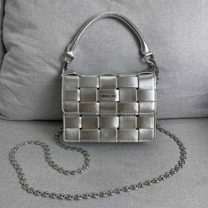 Woven Leather Small Flap Purse Chains Satchel Mini Tote Crossbody Shoulder Bag