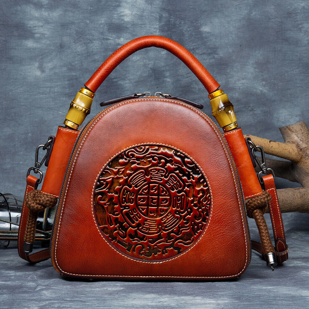 Women's Retro 100% Genuine Leather Handbag Embossed Crossbody Shoulder Shell Bag