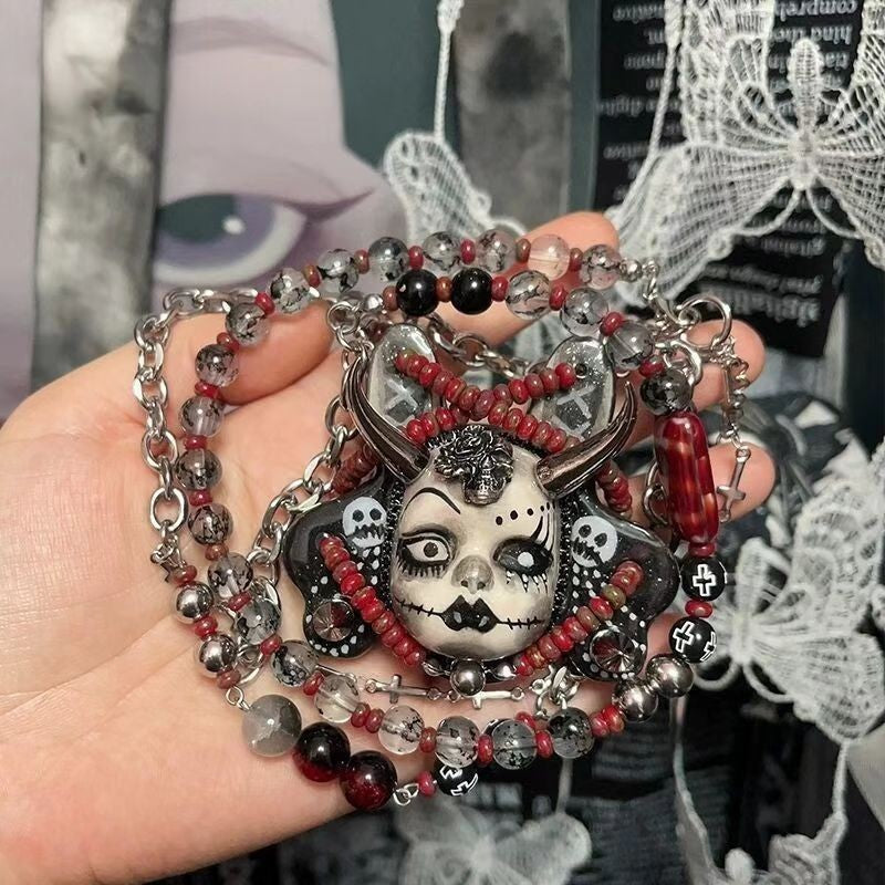 Unique Punk Vintage Rabbit Choker Ring Necklace Dark Beaded Chain Jewelry