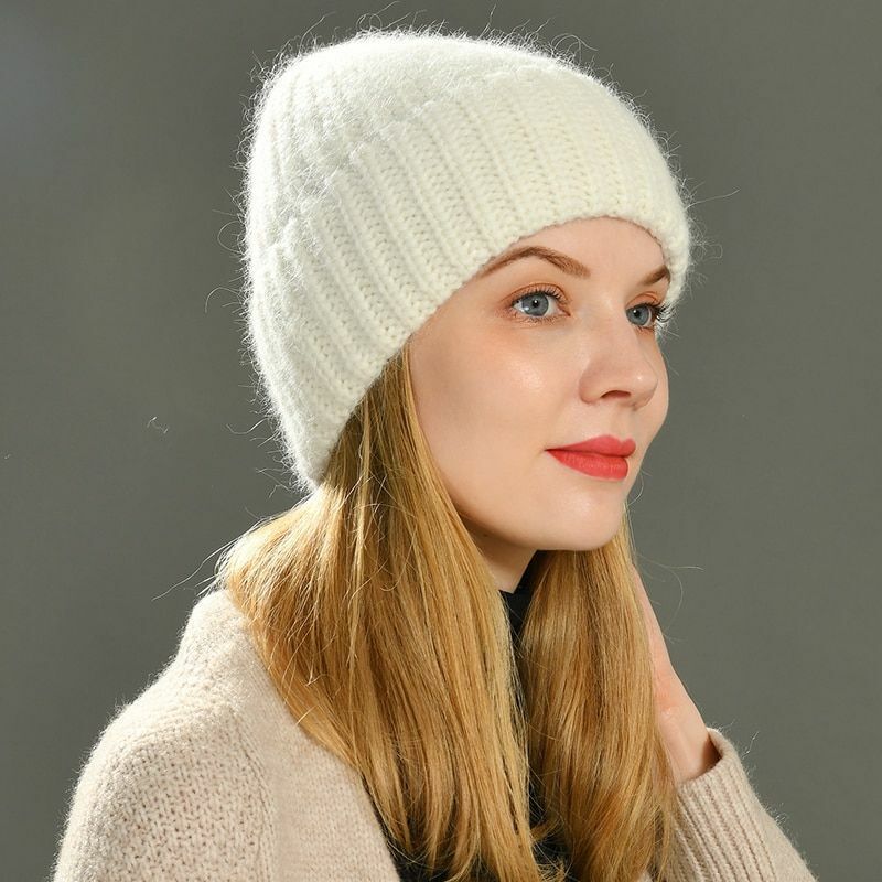 Hat Women Cashmere Knitted Beanies Thick Warm Wool Angora Beanie Polyester Solid