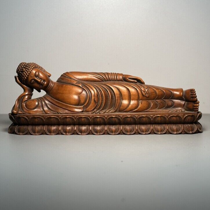 Vintage Chinese Boxwood Carving Reclining Buddha Statue Wooden Sculpture Artwork
