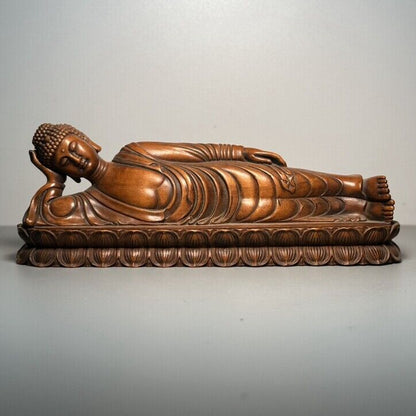 Vintage Chinese Boxwood Carving Reclining Buddha Statue Wooden Sculpture Artwork