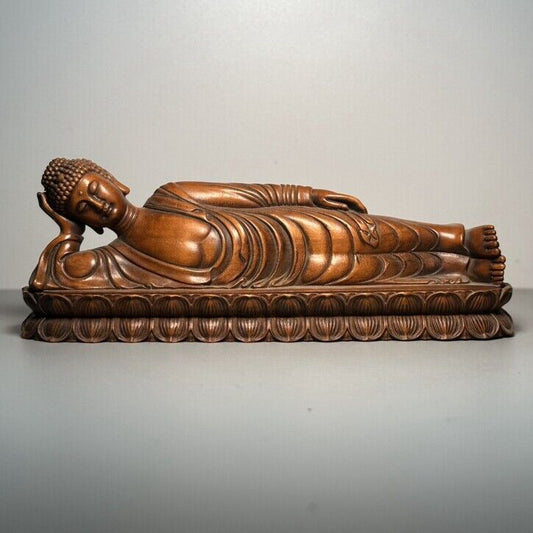 Vintage Chinese Boxwood Carving Reclining Buddha Statue Wooden Sculpture Artwork