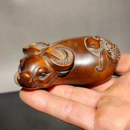 ox cattle Boxwood Wooden Statue Carvings Sculpture Carved Wood zodiac gift