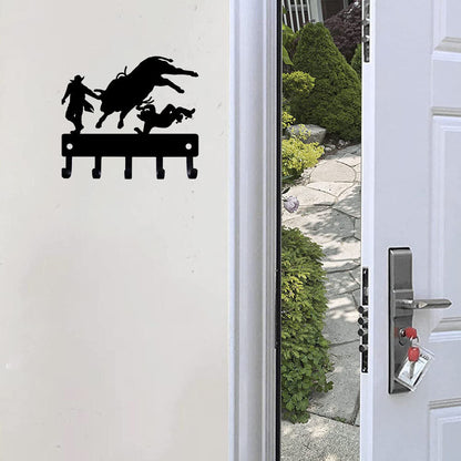 Cowboy Bull Rider Rodeo Clowns - Key Rack Hanger - 9 inch Wide Metal Wall Art