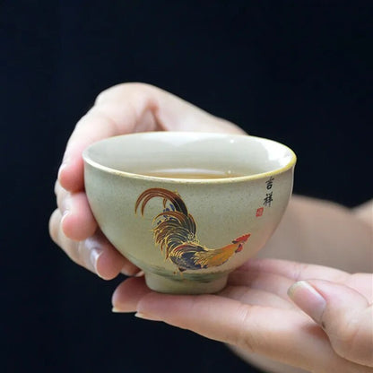 Antique Pottery Ceramic Teacup Hand Painted Cock Tea Cup Travel Portable
