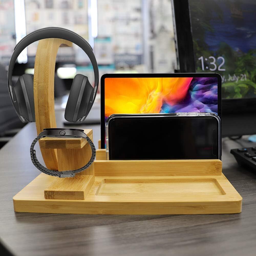 Multi-Purpose Wooden Headphone Station Bamboo Desk Organizer Home Office Decor