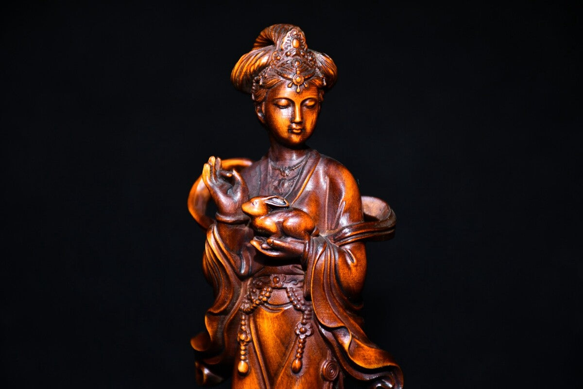 Chinese Antique Wood Hand Carved Boxwood Classical Beautiful Woman Statue