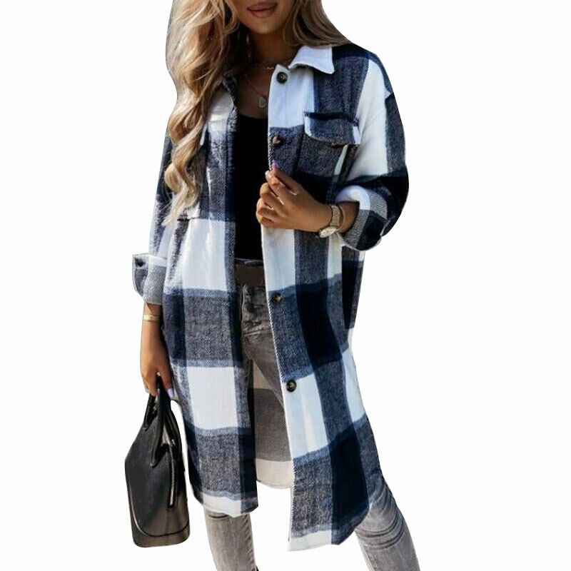 Women's Check Plaid Jacket Shacket Top Oversize Button Baggy Long Shirt Coat