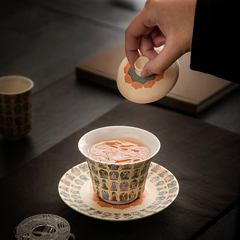 Mogao Grottoes Design Porcelain Gaiwan 150ml Sancai Bowl Zen Style Tureen Saucer