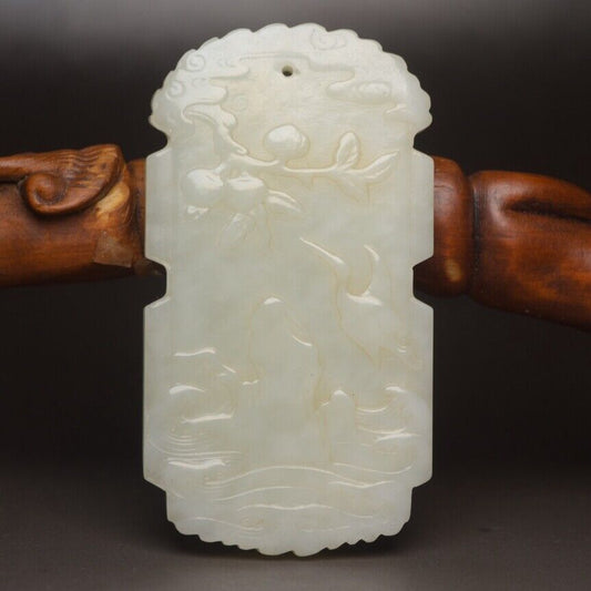 Chinese Natural Hotan Jade Carving Exquisite Crane Statue Pendant Jewelry Rare