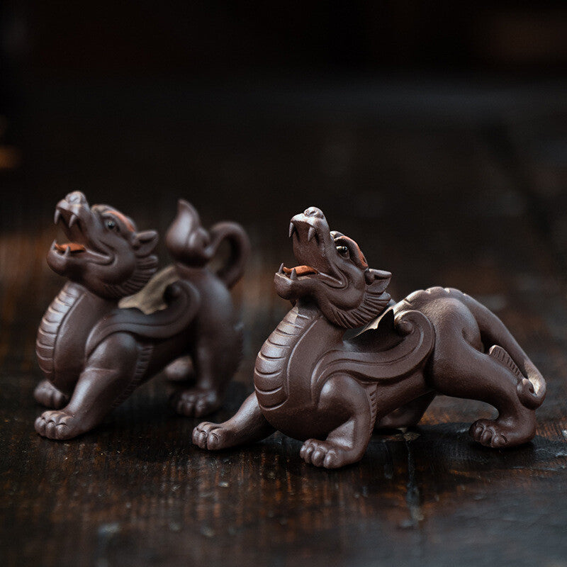 3.6" China Yixing Zisha Pottery Purple Clay Animal Wealth Pixiu Tea Pet Boy Gift