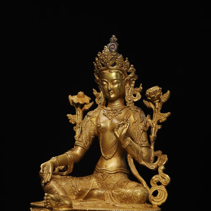 Old Dynasty China Buddhism Tibet Temple Bronze 24K Gilt Kwan-Yin Buddha Statue