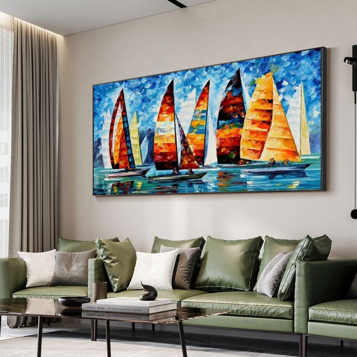 Large Sailboat Oil Painting Handmade Canvas Colorful Harbor Painting Nautical