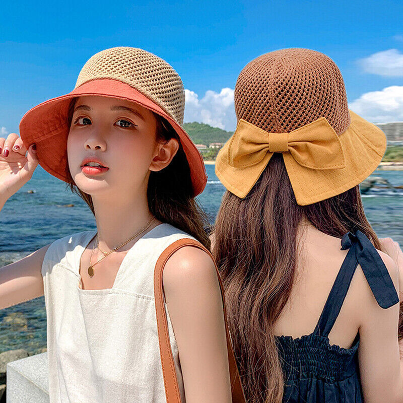 Women Ladies Summer Sun Beach Straw Hat Floppy Wide Brim Foldable Cap Bucket Hat