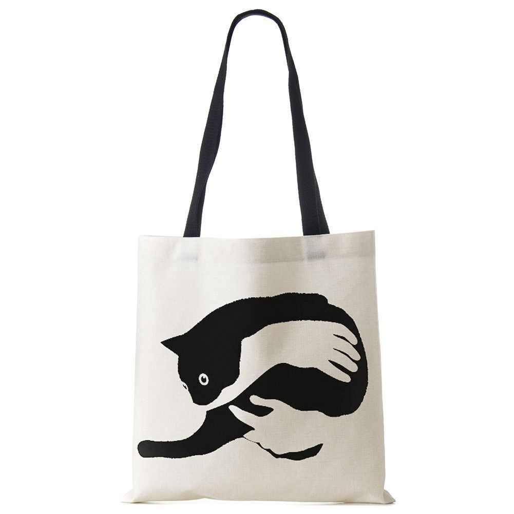 Tote Bags Black Cat Printed Linen Fabric Eco Handbag Shopping Reusable Shoulder