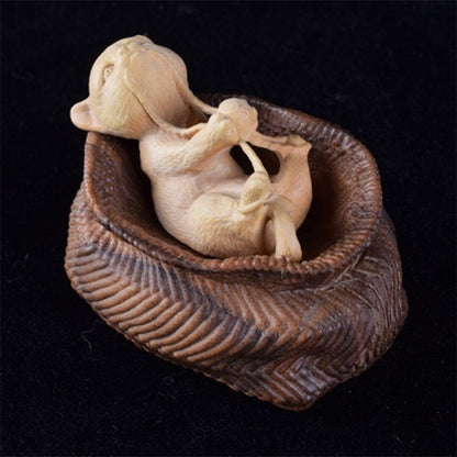 7X5 CM Hand Carved Boxwood Netsuke - Naughty Cat in Basket