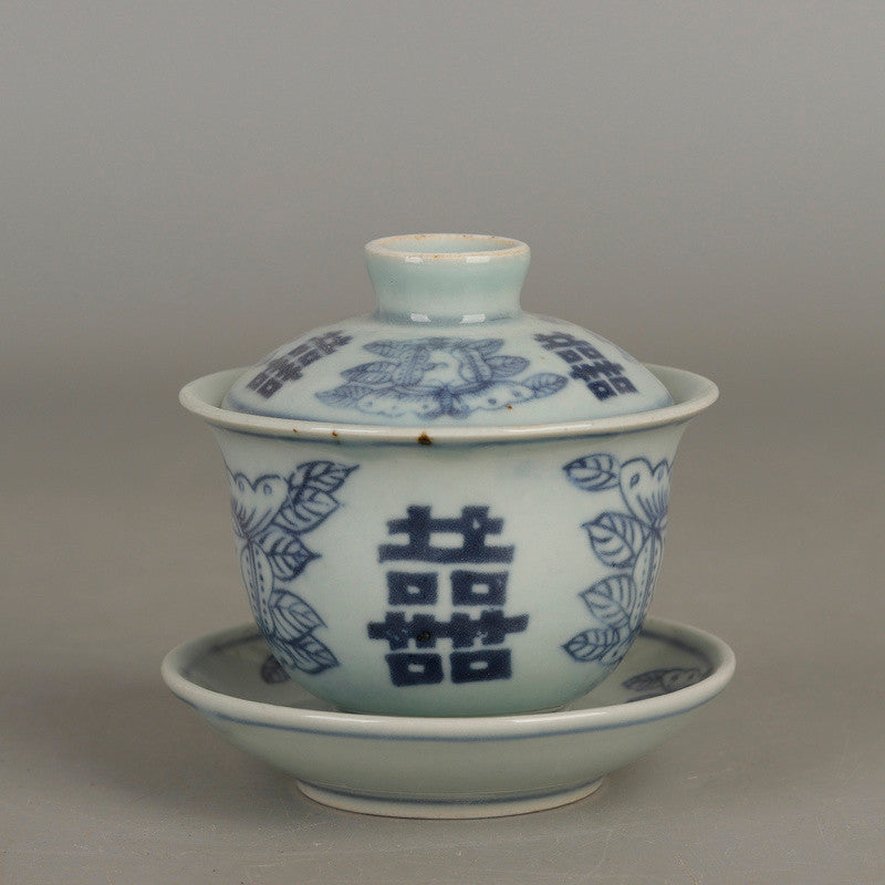 Ming Dynasty Blue and White Butterfly Double Happiness Pattern Cover Bowl Teacup