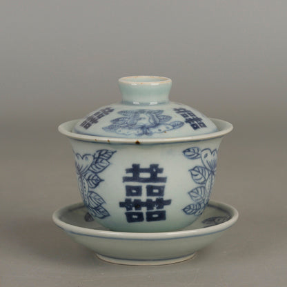 Ming Dynasty Blue and White Butterfly Double Happiness Pattern Cover Bowl Teacup