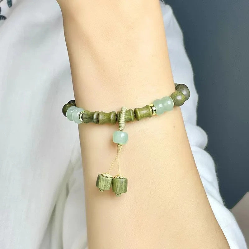 Natural Green Sandalwood Square Bead Bracelet Bamboo Buddha Beads Hand String